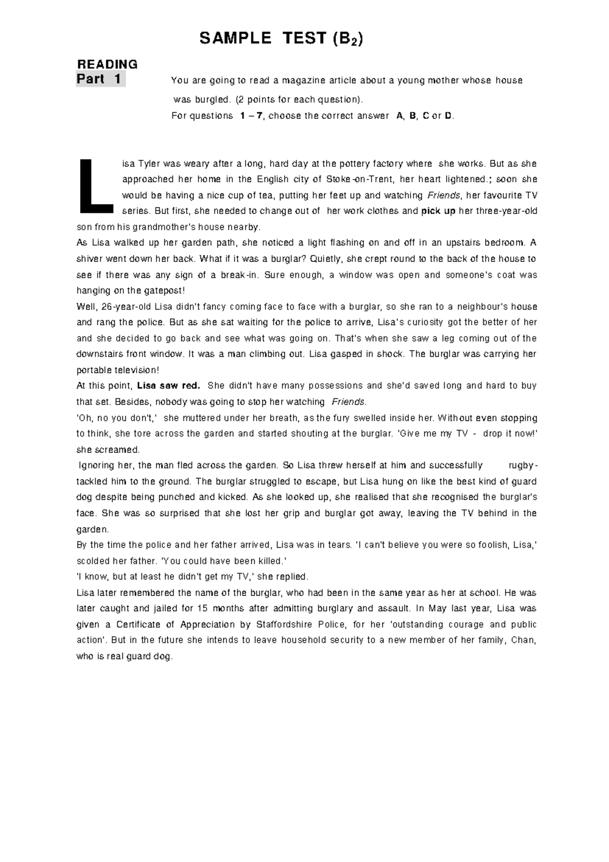 First Certificate Sample Test B2 - SAMPLE TEST (B 2 ) ####### READING ...