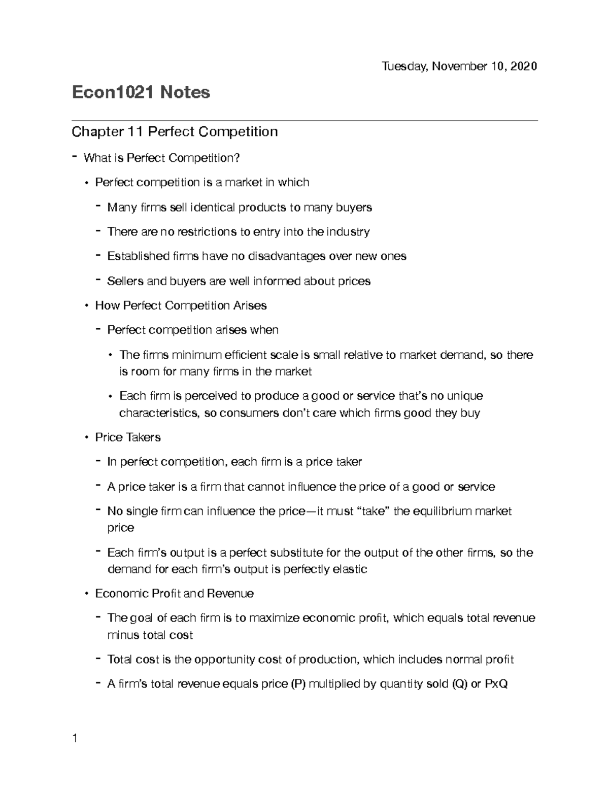 Chapter 11 Econ Notes PDF - Econ1021 Notes Chapter 11 Perfect ...