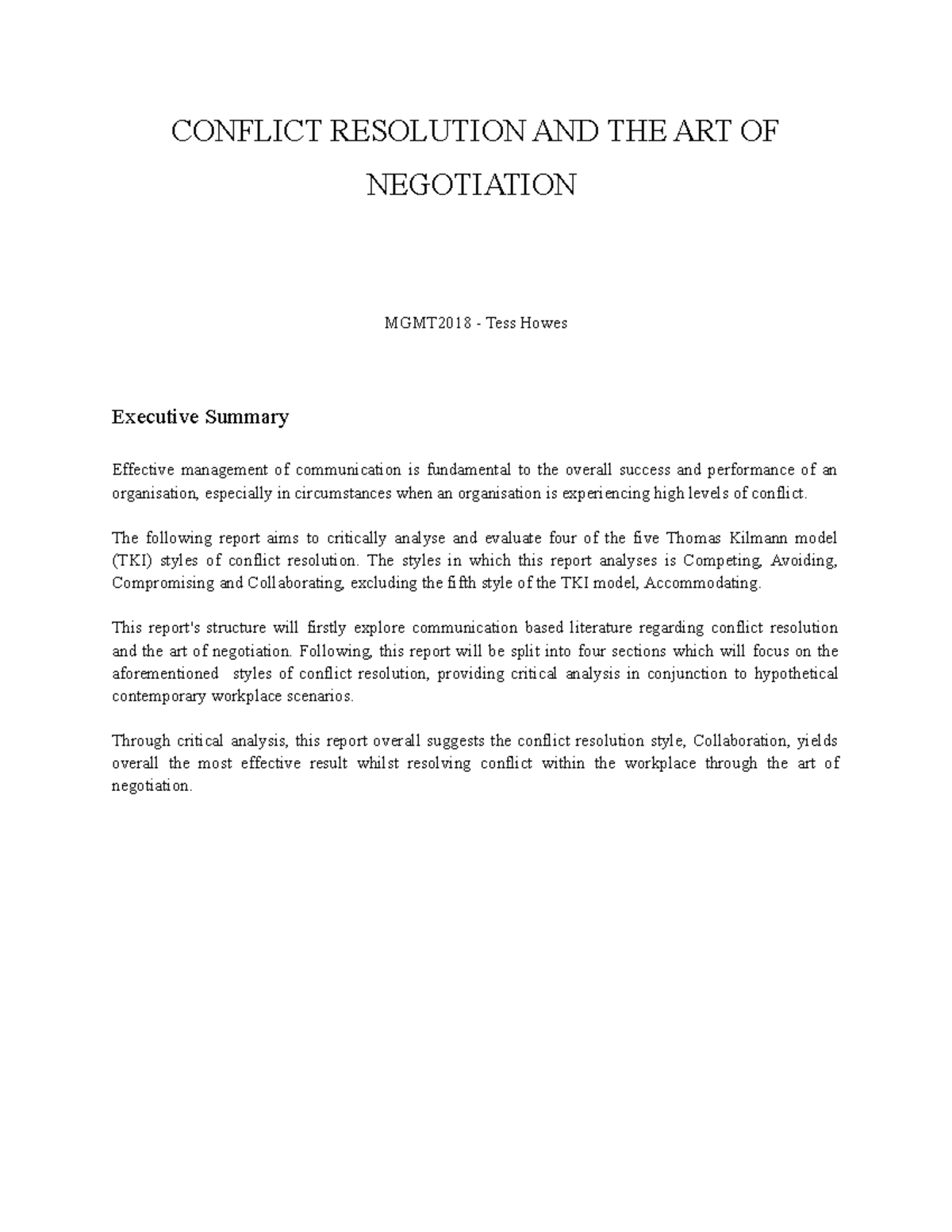 MGMT2018 Final Report - CONFLICT RESOLUTION AND THE ART OF NEGOTIATION ...