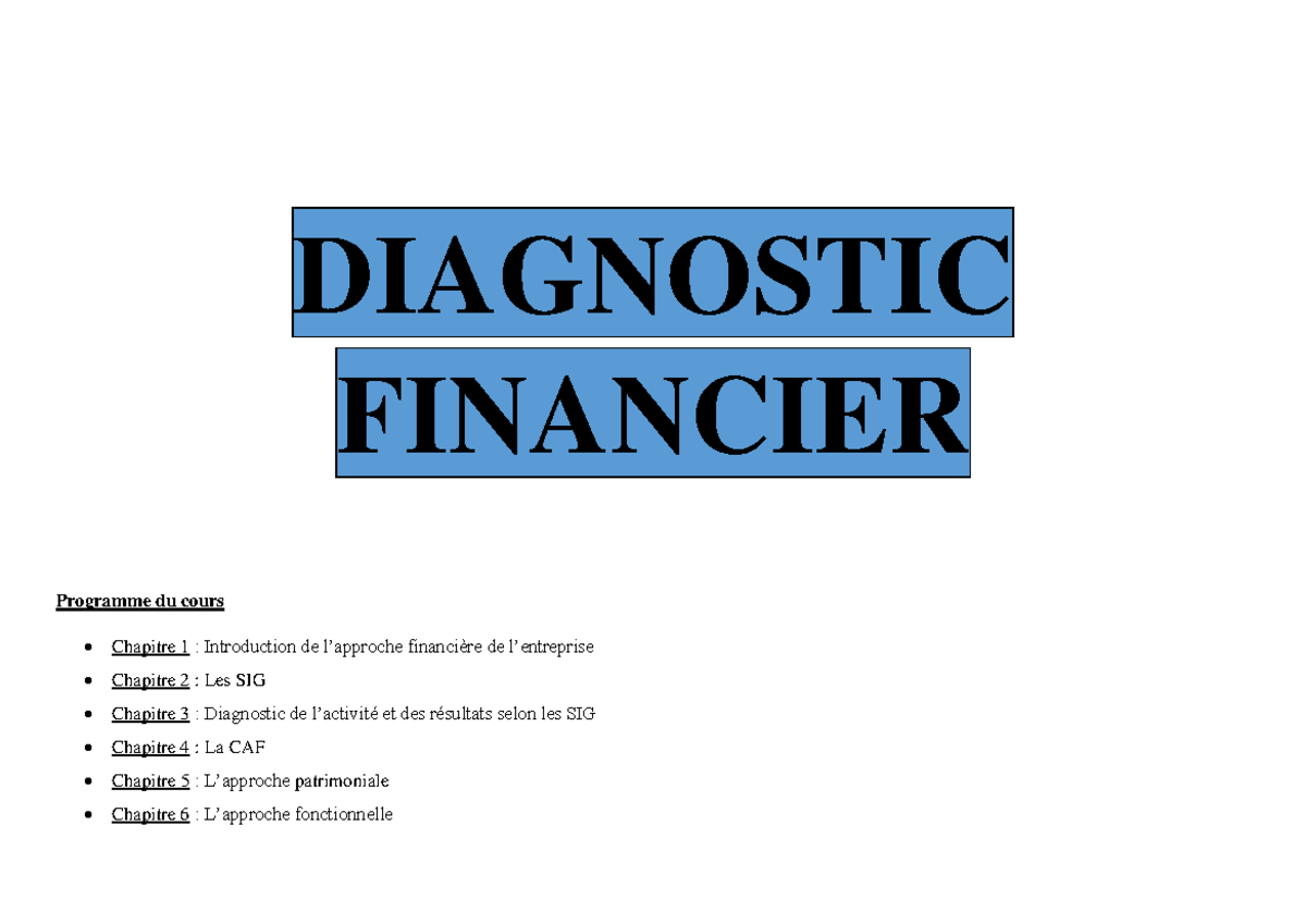 Diagnostic Financier - DIAGNOSTIC FINANCIER Programme Du Cours Chapitre ...