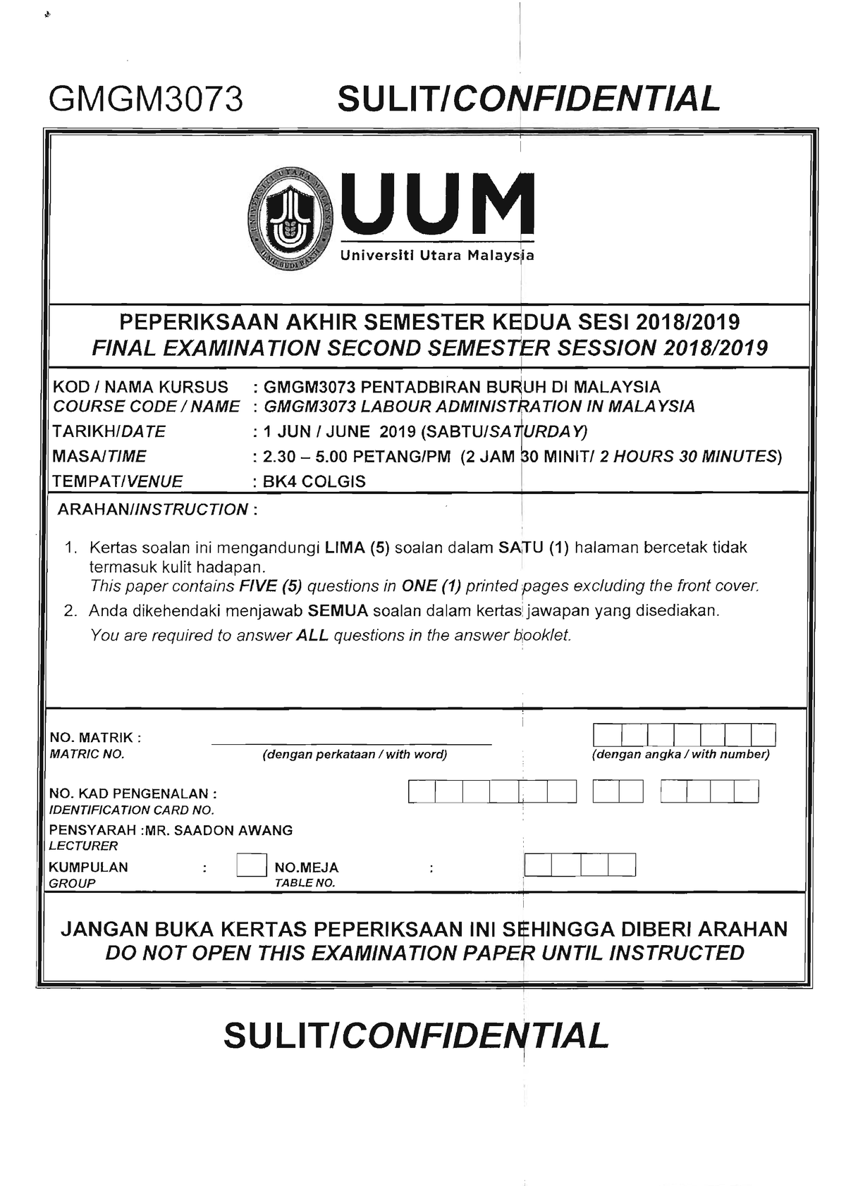 GMGM3073 2 2018 2019 - Exam Sample Paper - Introduction To Public ...