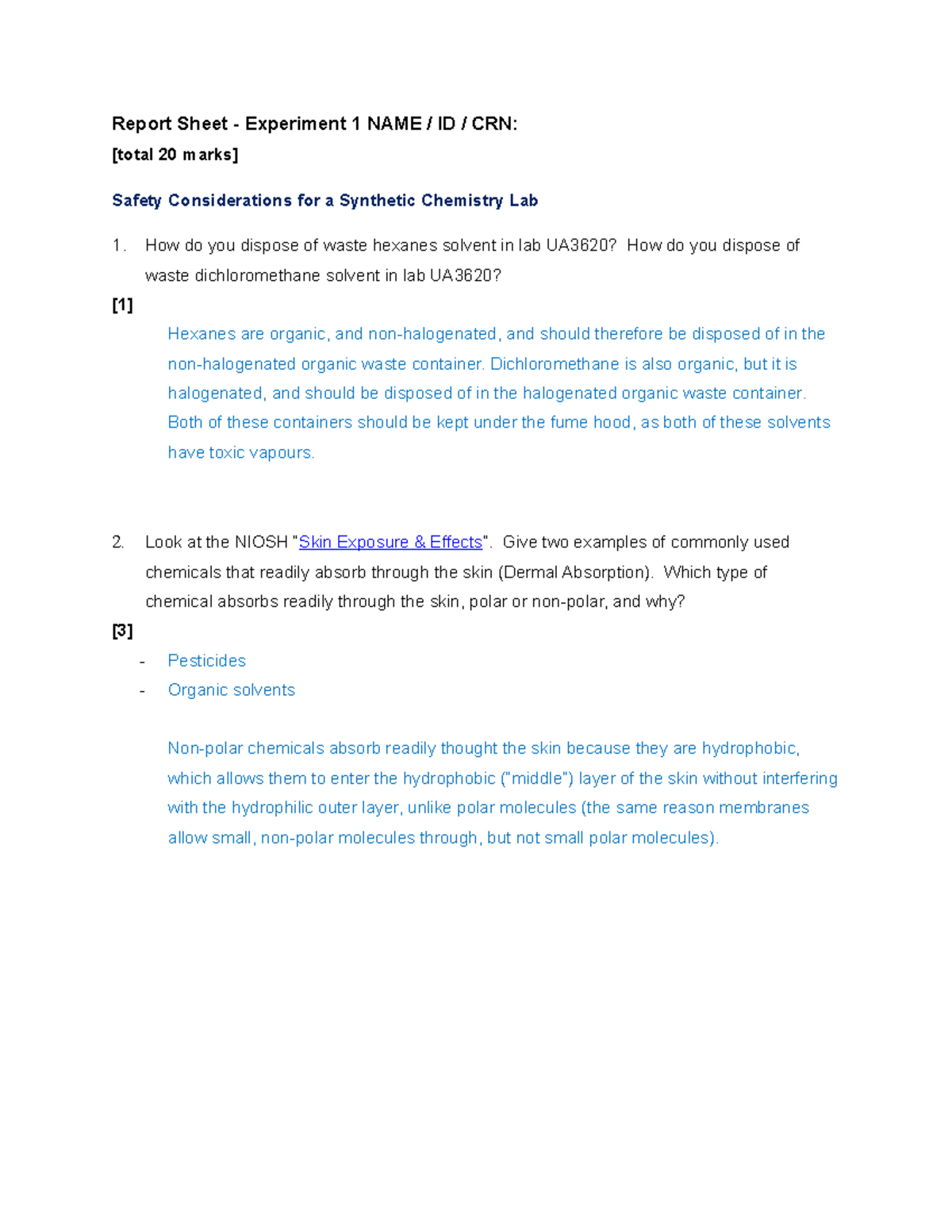 Lab 1 Safety Lab Report Sheet Experiment 1 NAME / ID / CRN