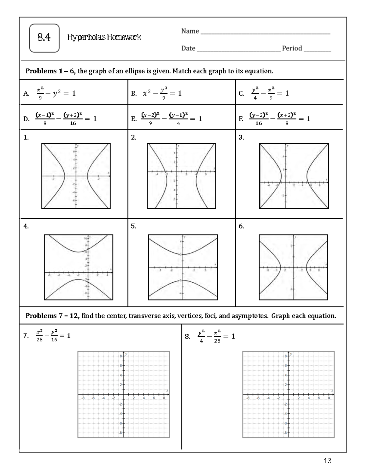 8.4 hyperbolas homework answer key