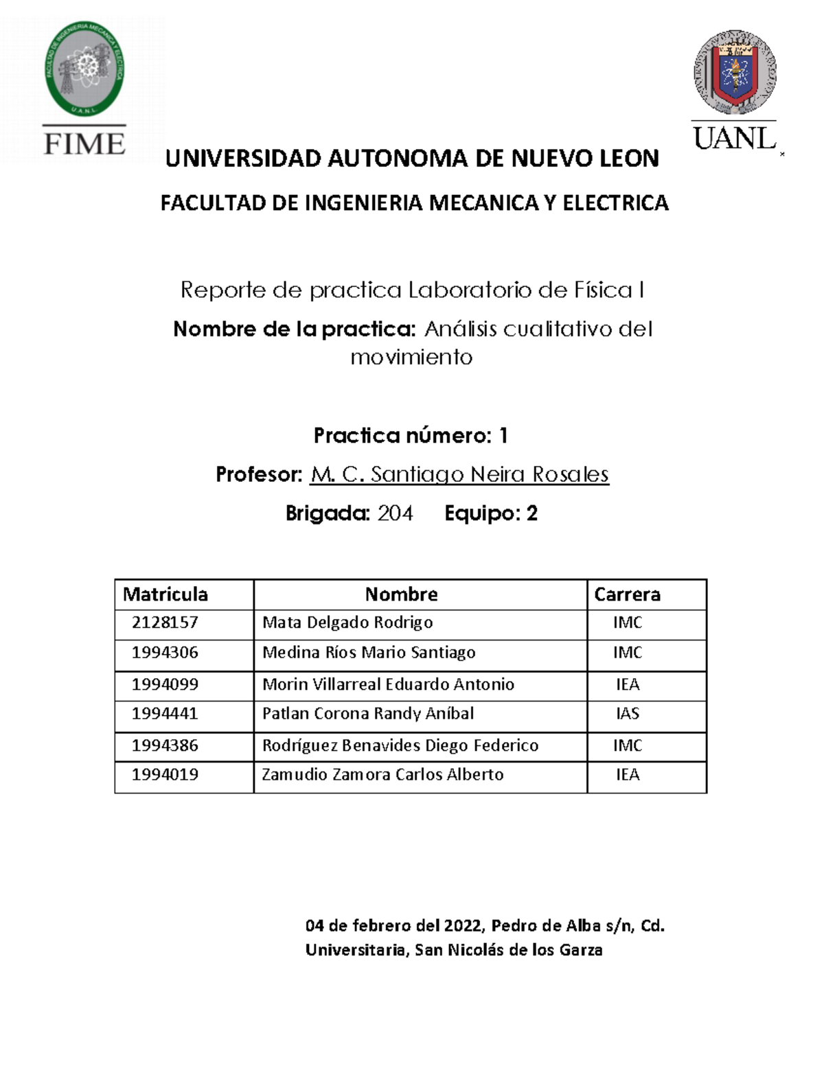 Practica #1 fisica 1 - UNIVERSIDAD AUTONOMA DE NUEVO LEON FACULTAD DE ...