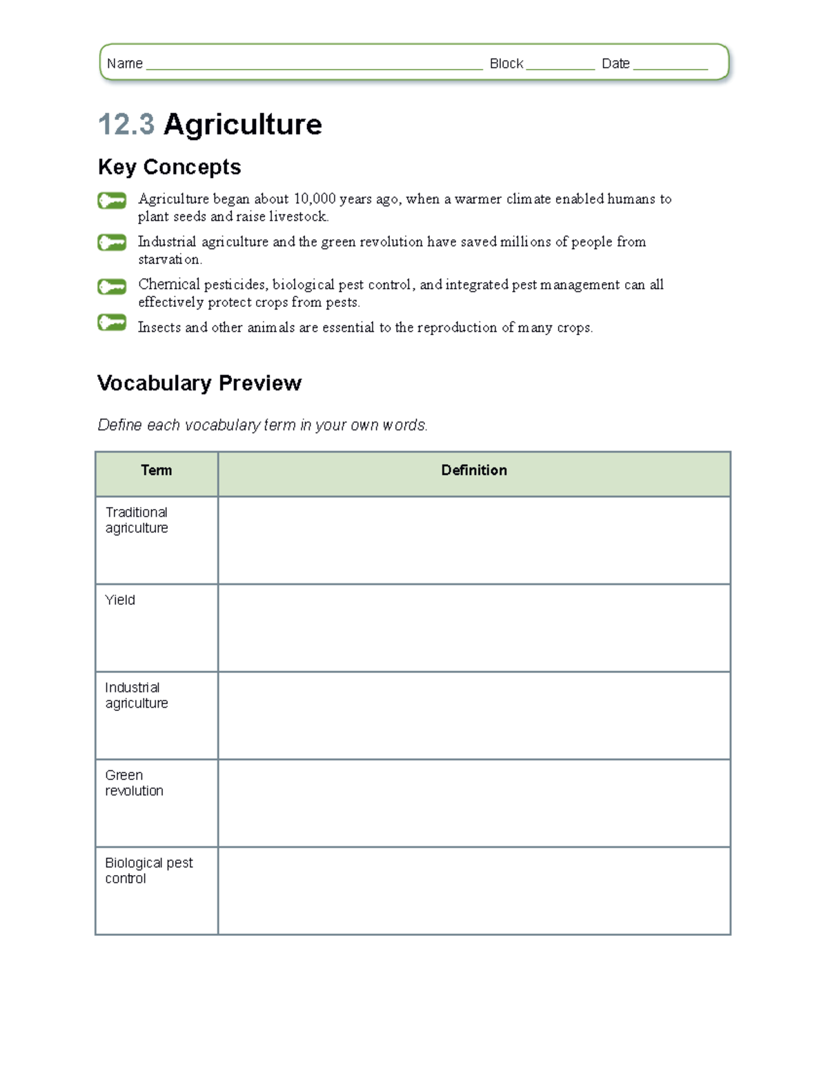 12-3 Agriculture(1) - None - Name Block Date 12 Agriculture Key ...
