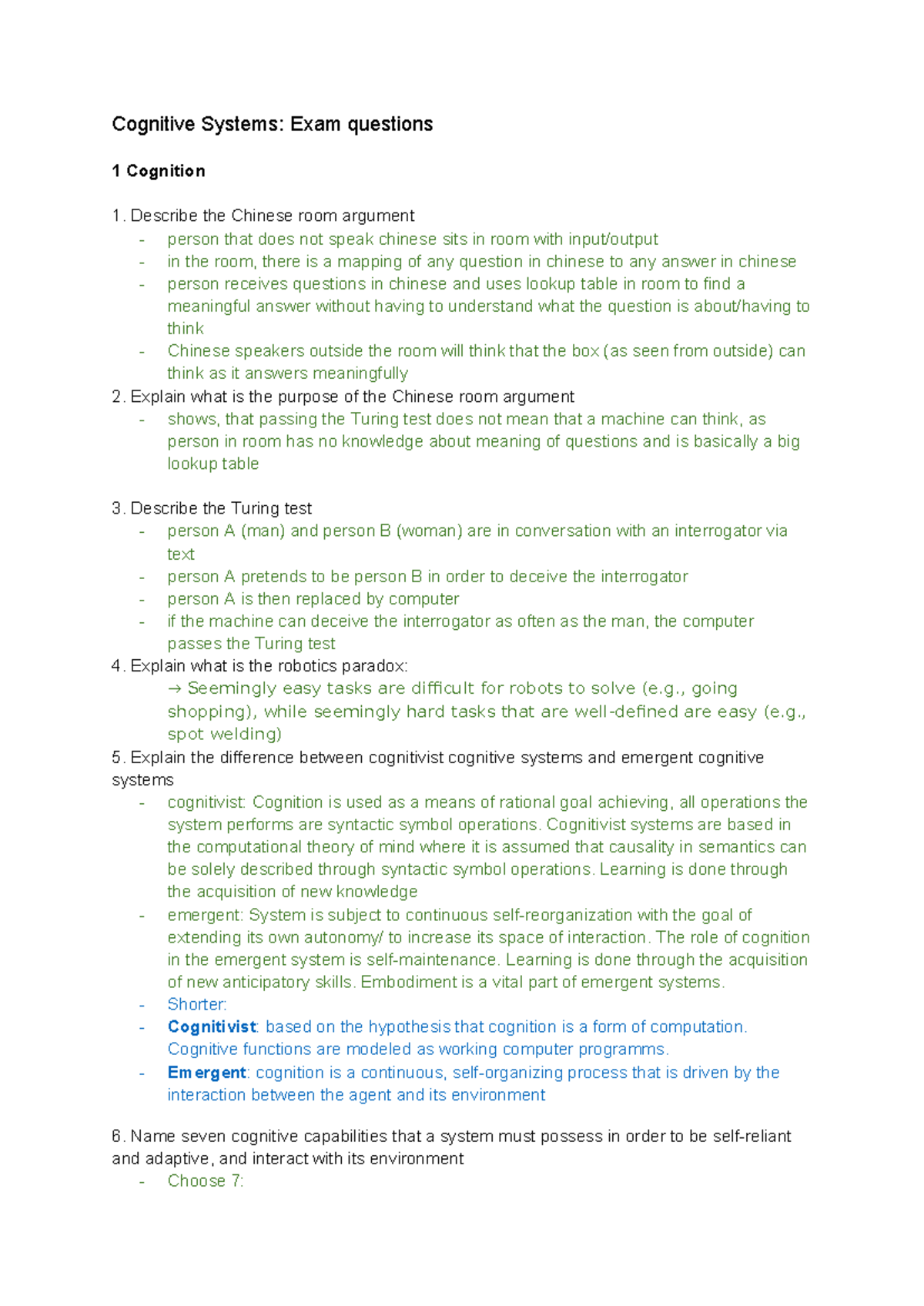 Cog Sys - Question Collection - Cognitive Systems: Exam questions 1 ...