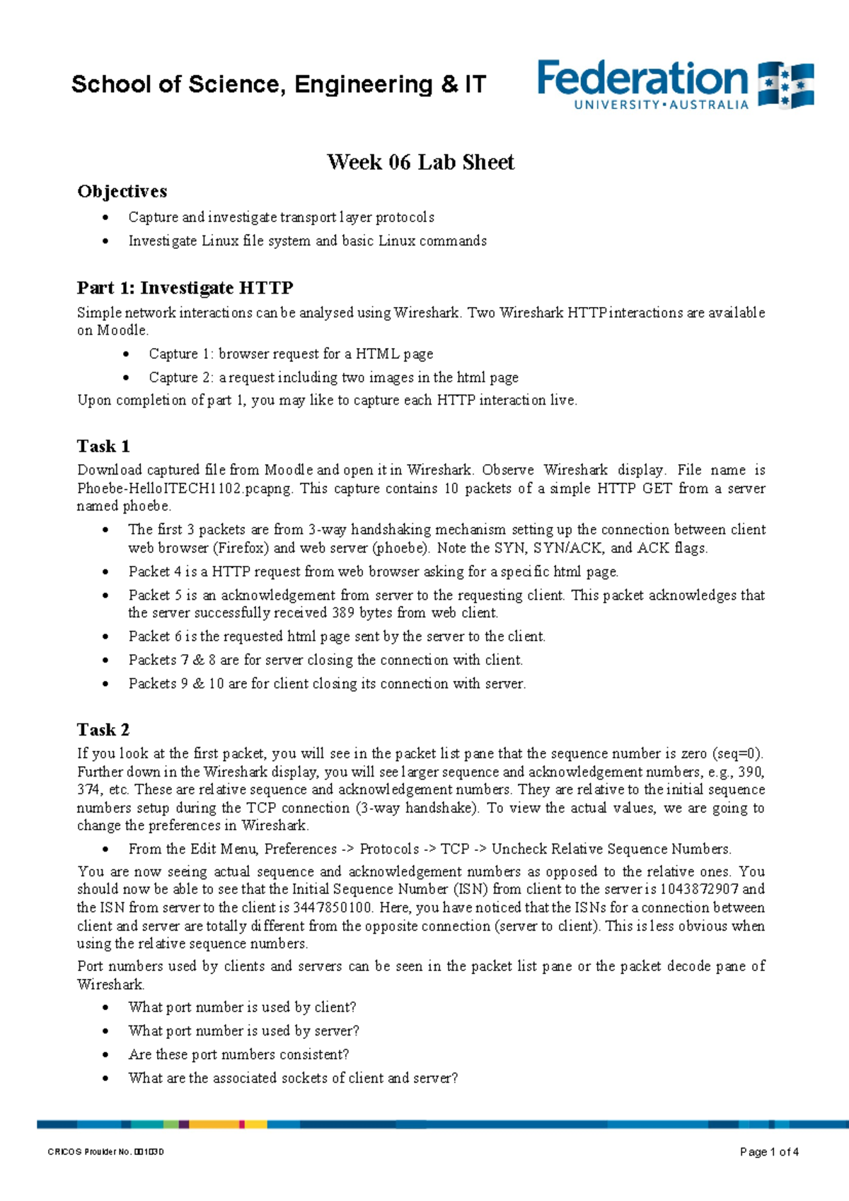 Week 6 Lab Sheet - week 6 Lab - Week 06 Lab Sheet Objectives Capture ...