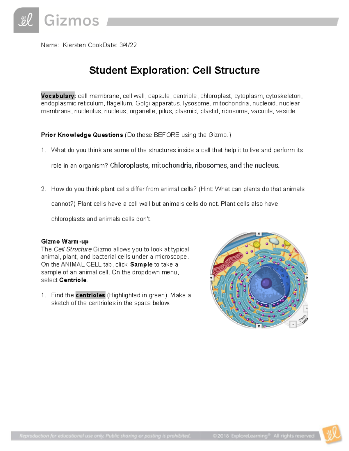 Cell Structure SEnhhhhhhhhhhhhhhhhhhhnnnn - Name: Kiersten CookDate: 3 ...