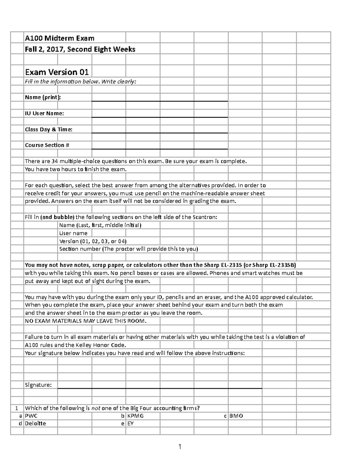 Practice Midterm, Fall 2, 2017 - A100 Midterm Exam Fall 2, 2017, Second ...