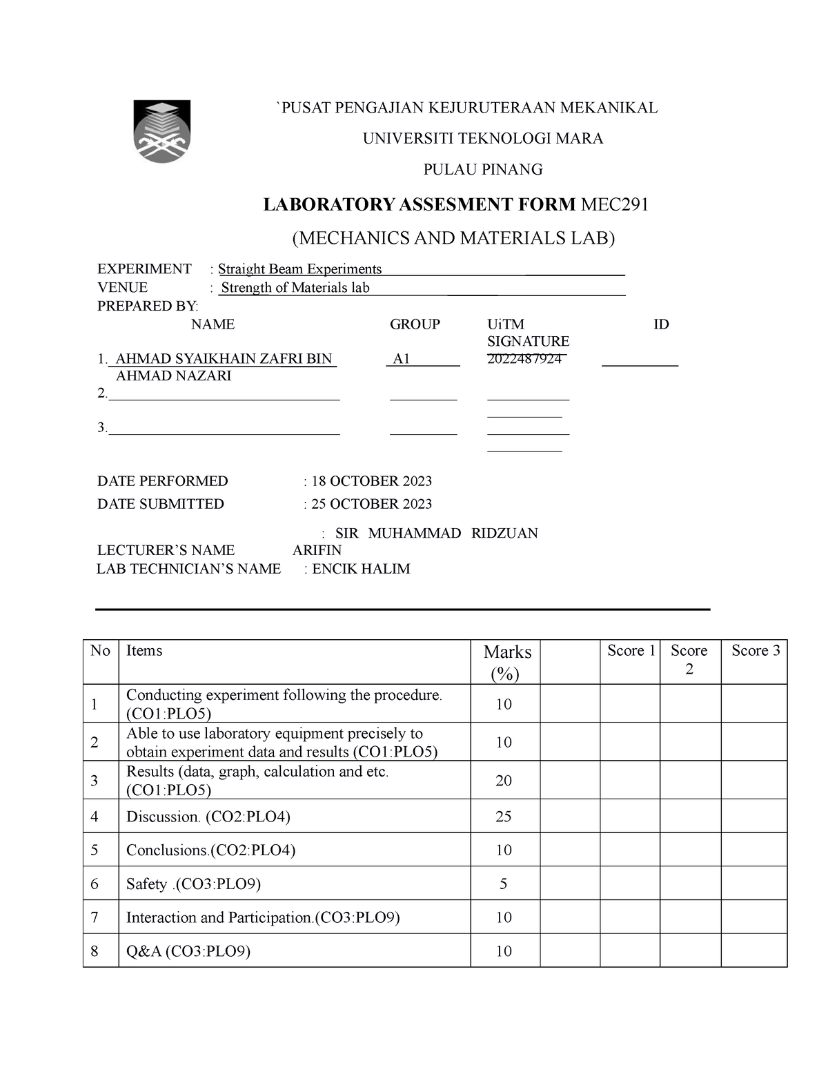 Straight BEAM lab report - `PUSAT PENGAJIAN KEJURUTERAAN MEKANIKAL ...