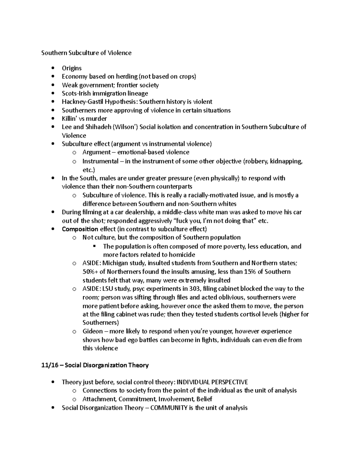 SOCIOLOGY NOTES - NOV 11 & 16 - SOCL 4461 - LSU - Studocu