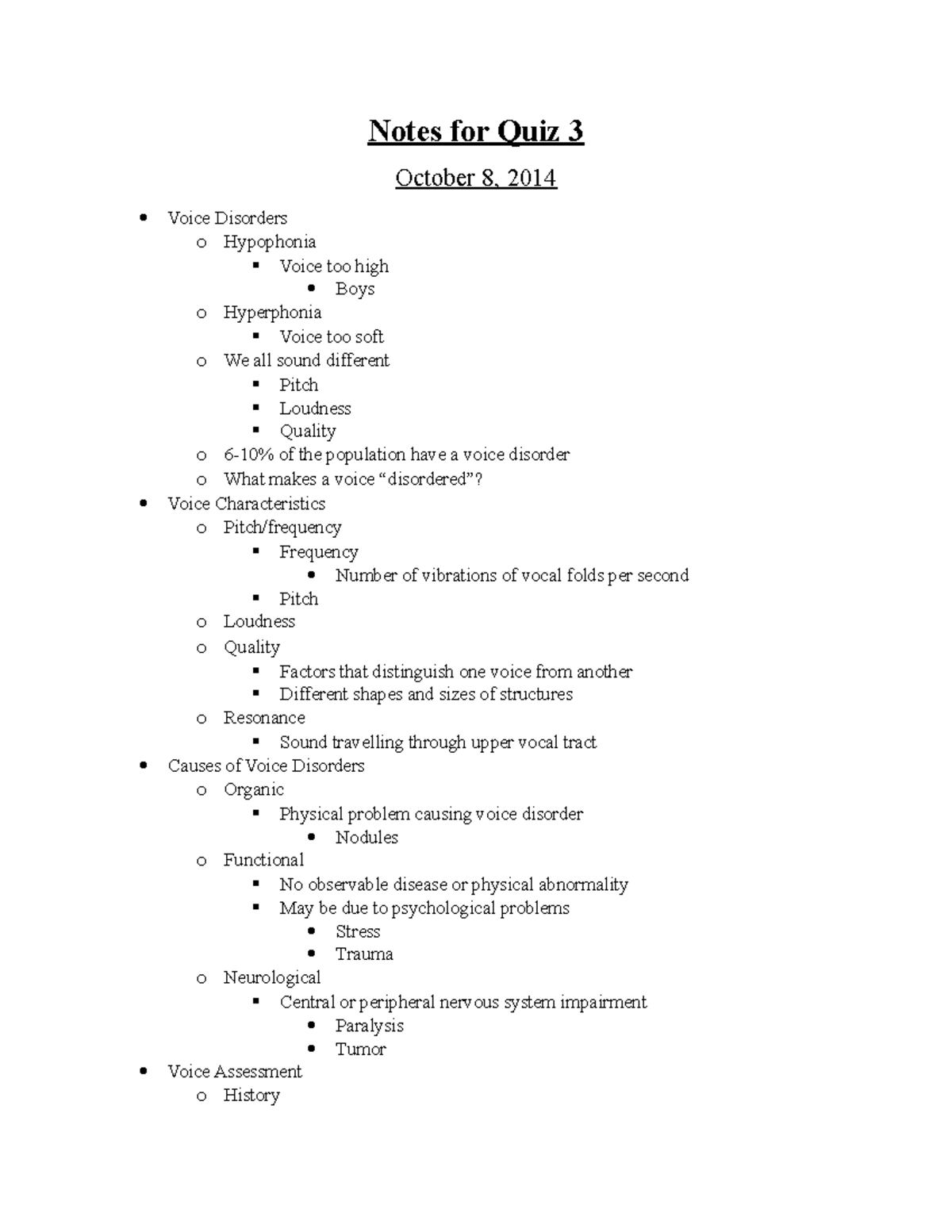 Notes for Quiz 3 Voice Disorders; Craniofacial Disorders; Neurogenic