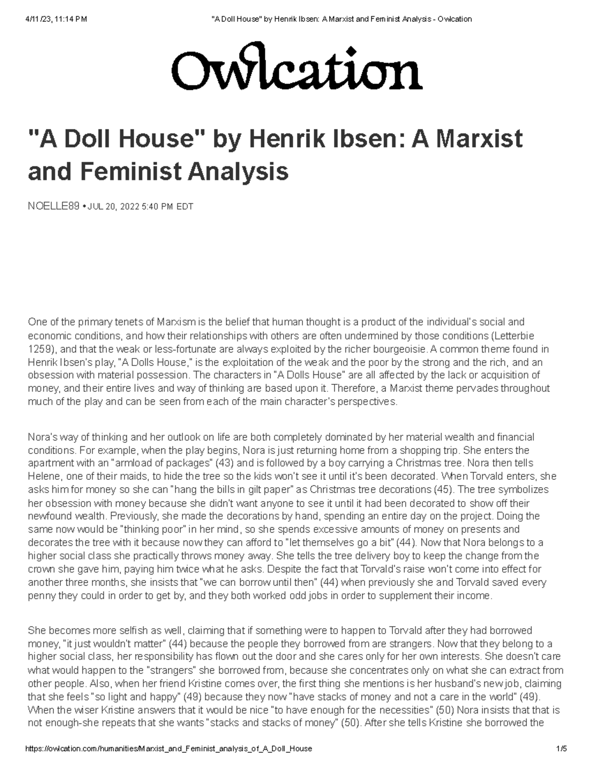 A Doll House by Henrik Ibsen A Marxist and Feminist Analysis Drama