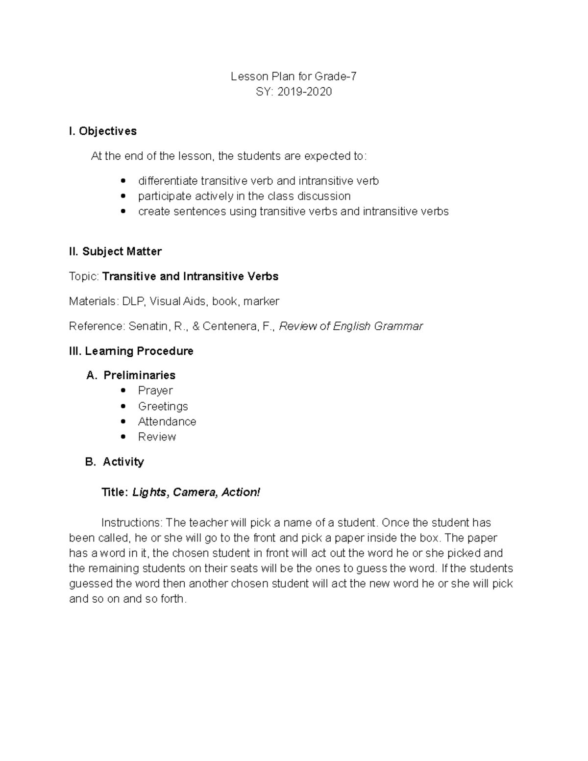 Lesson Plan For Grade Seven Lesson Plan For Grade SY 2019 I