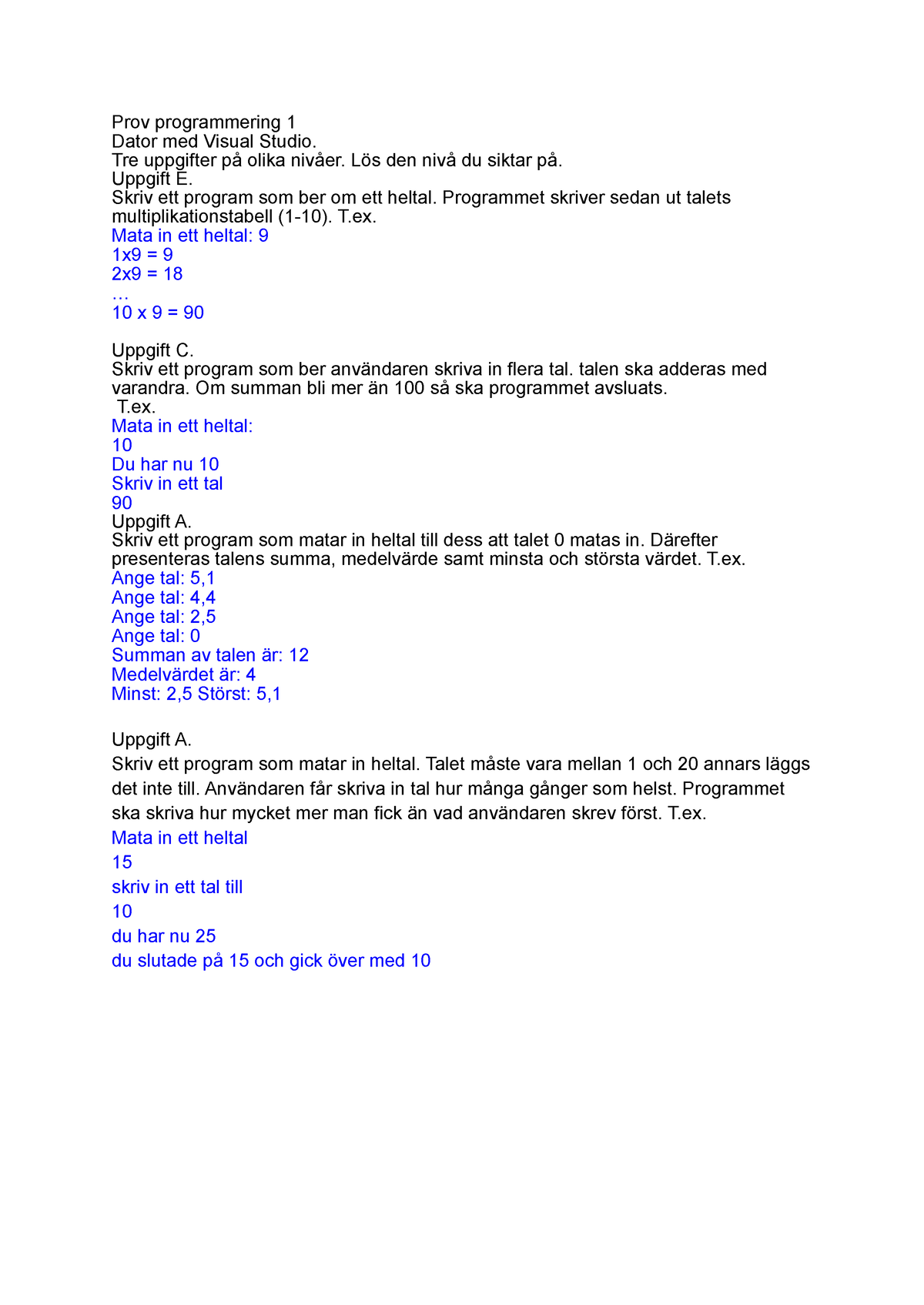 Programmering 1 - Prov - Prov Programmering 1 Dator Med Visual Studio ...