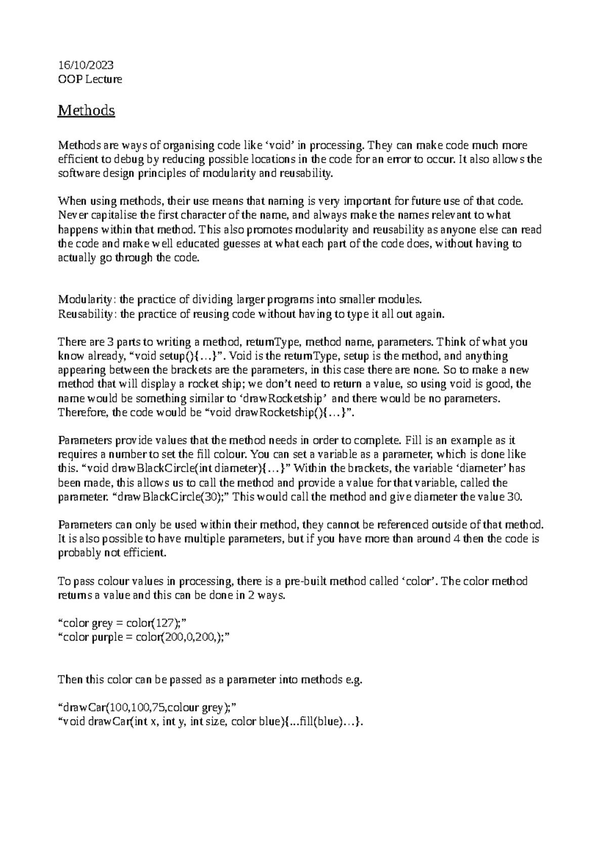 OOP Methods Notes - 16/10/ OOP Lecture Methods Methods are ways of ...