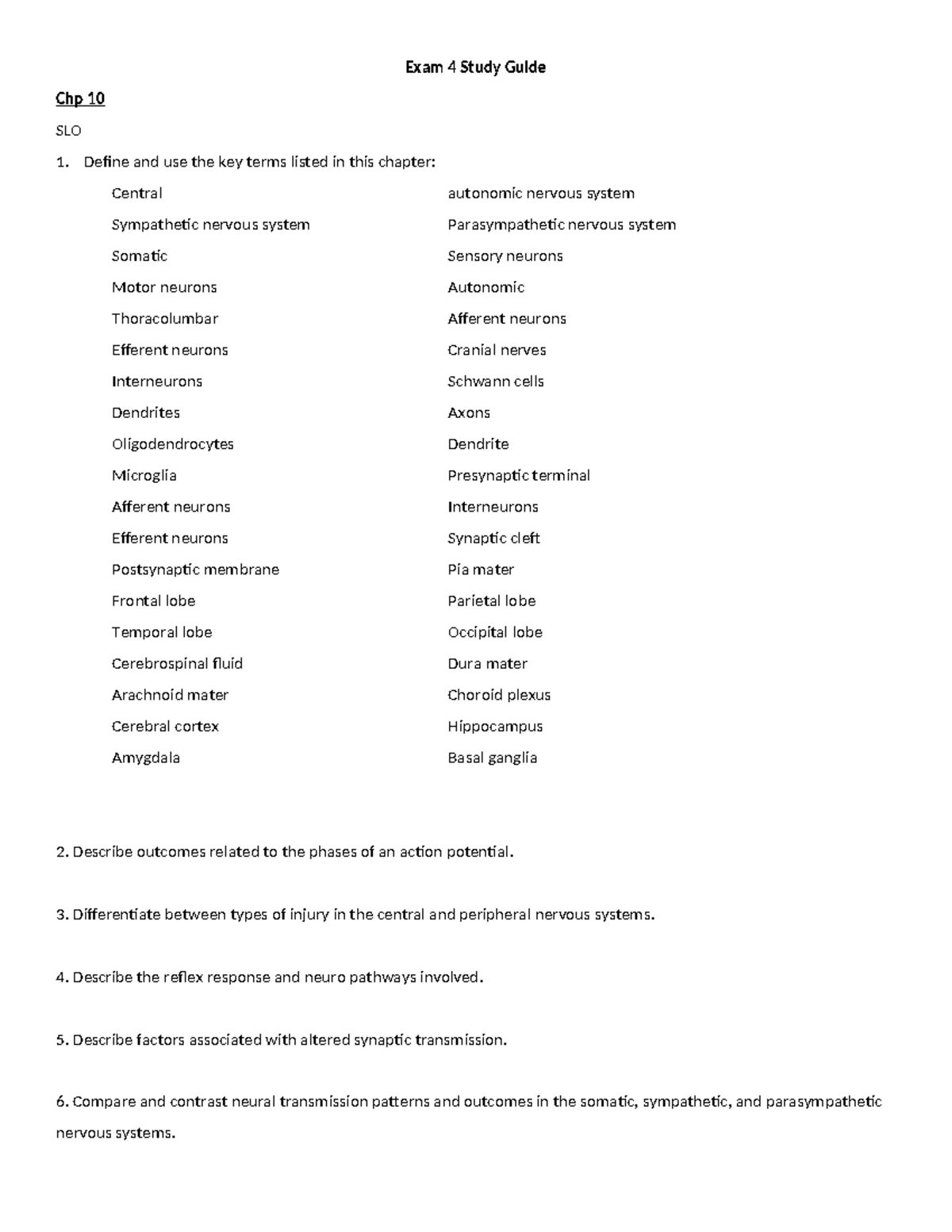 Exam 4 Study Guide - Exam 4 Study Guide Chp 10 SLO Define and use the ...