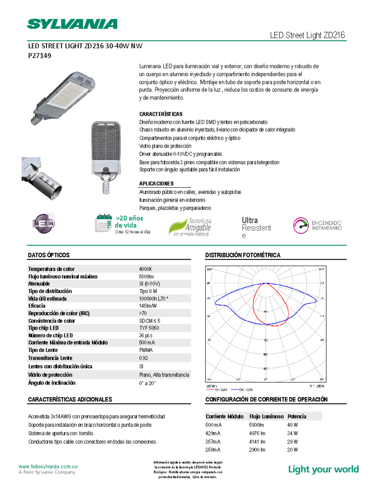Ficha Tecnica Sylvania LED Street Light ZD216 40W LED Street Light ZD