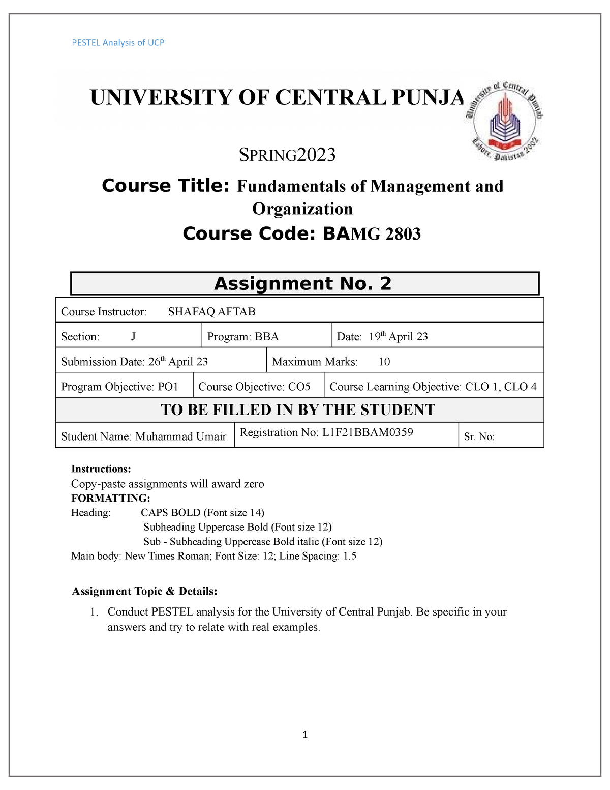 ucp assignment front page pdf
