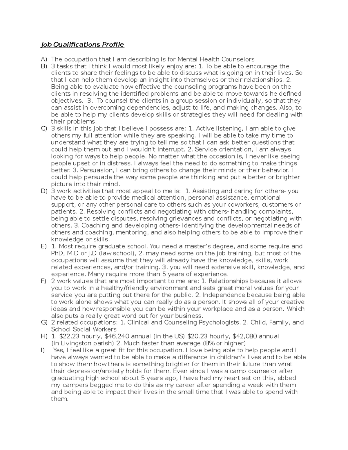 Job Qualifications Profile - To be able to encourage the clients to ...