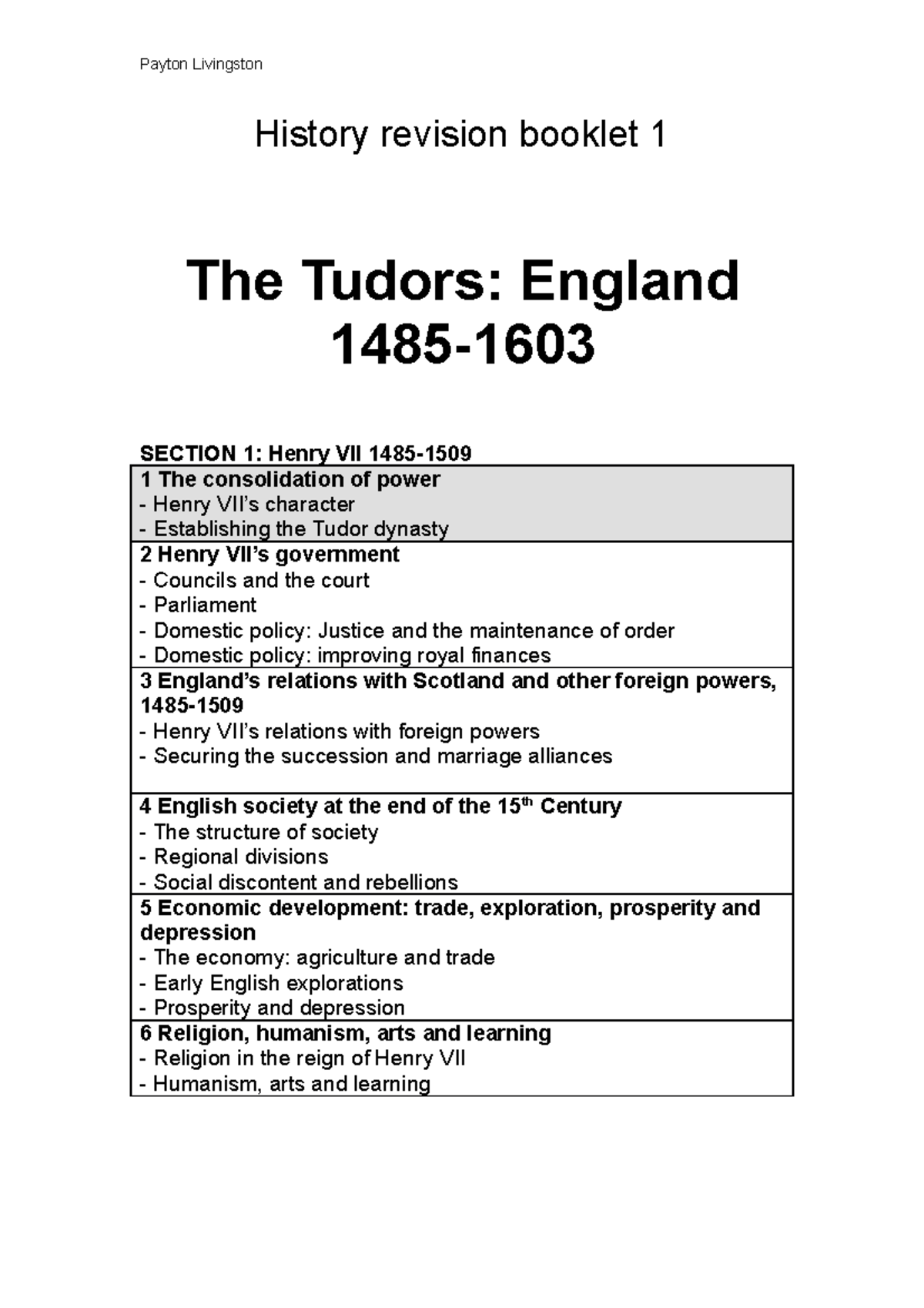 Tudor Revision Booklet 1 History Revision Booklet 1 The Tudors