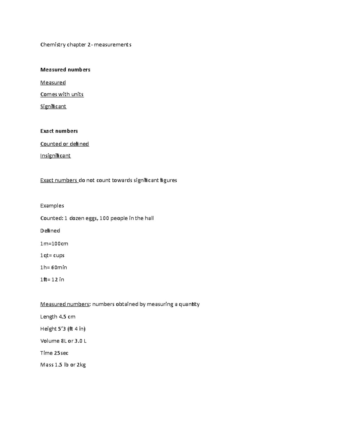 Chemistry Notes day 1 - Chemistry chapter 2- measurements Measured ...