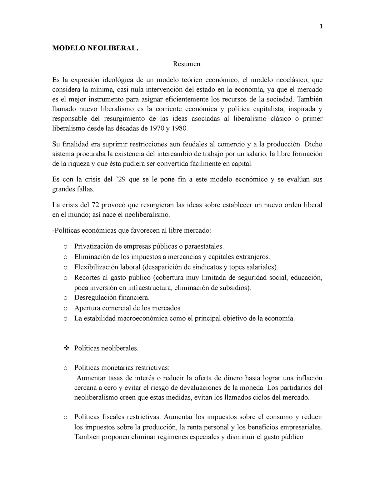 Modelo Neoliberal - Resumen Humanidades - 1 MODELO NEOLIBERAL. Resumen. Es  la de un modelo el modelo - Studocu