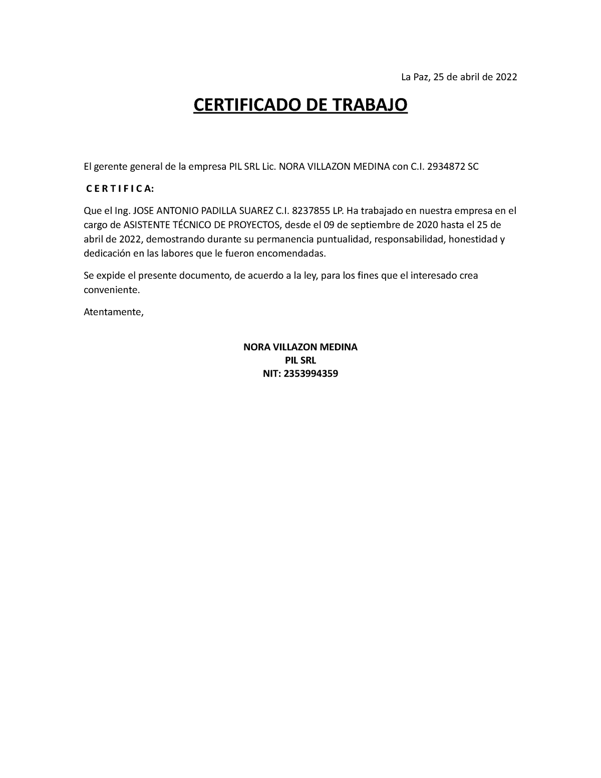 Certificado-de-trabajo - La Paz, 25 de abril de 2022 CERTIFICADO DE ...