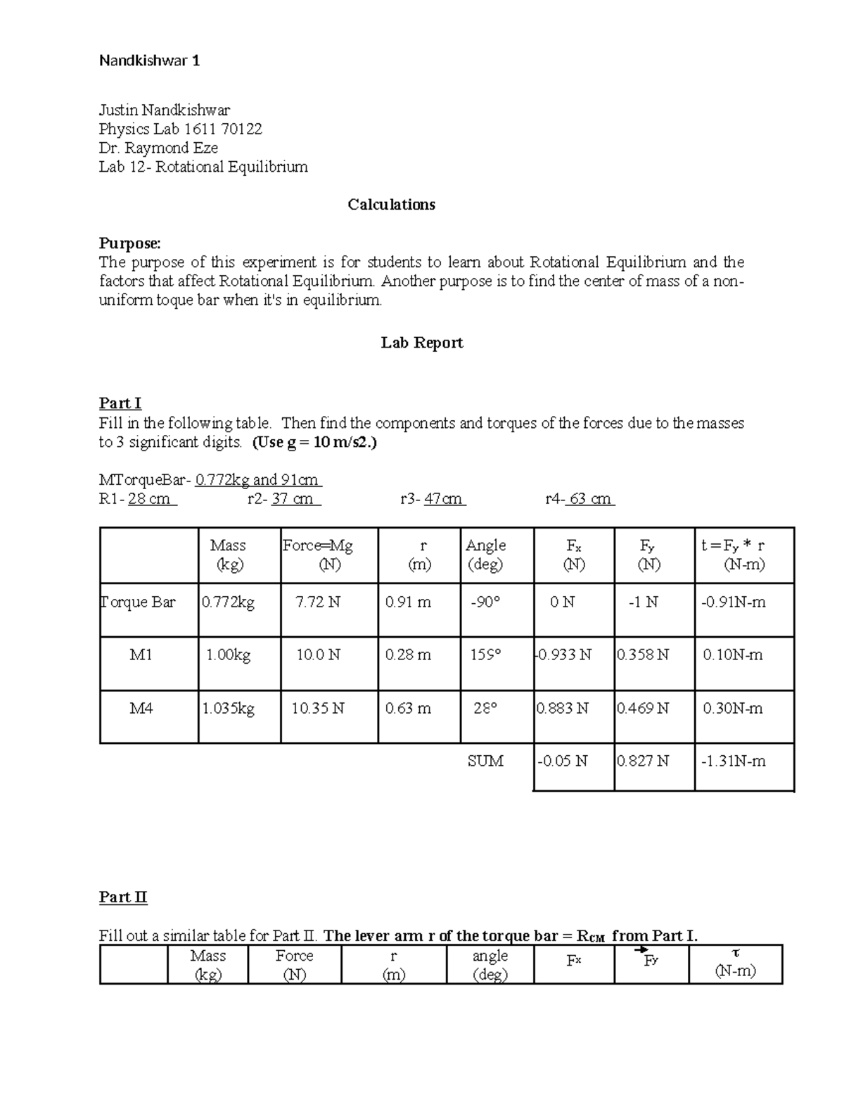 12 Rotational Equilibrium Data Report Physics 1611 fall 2021 ...