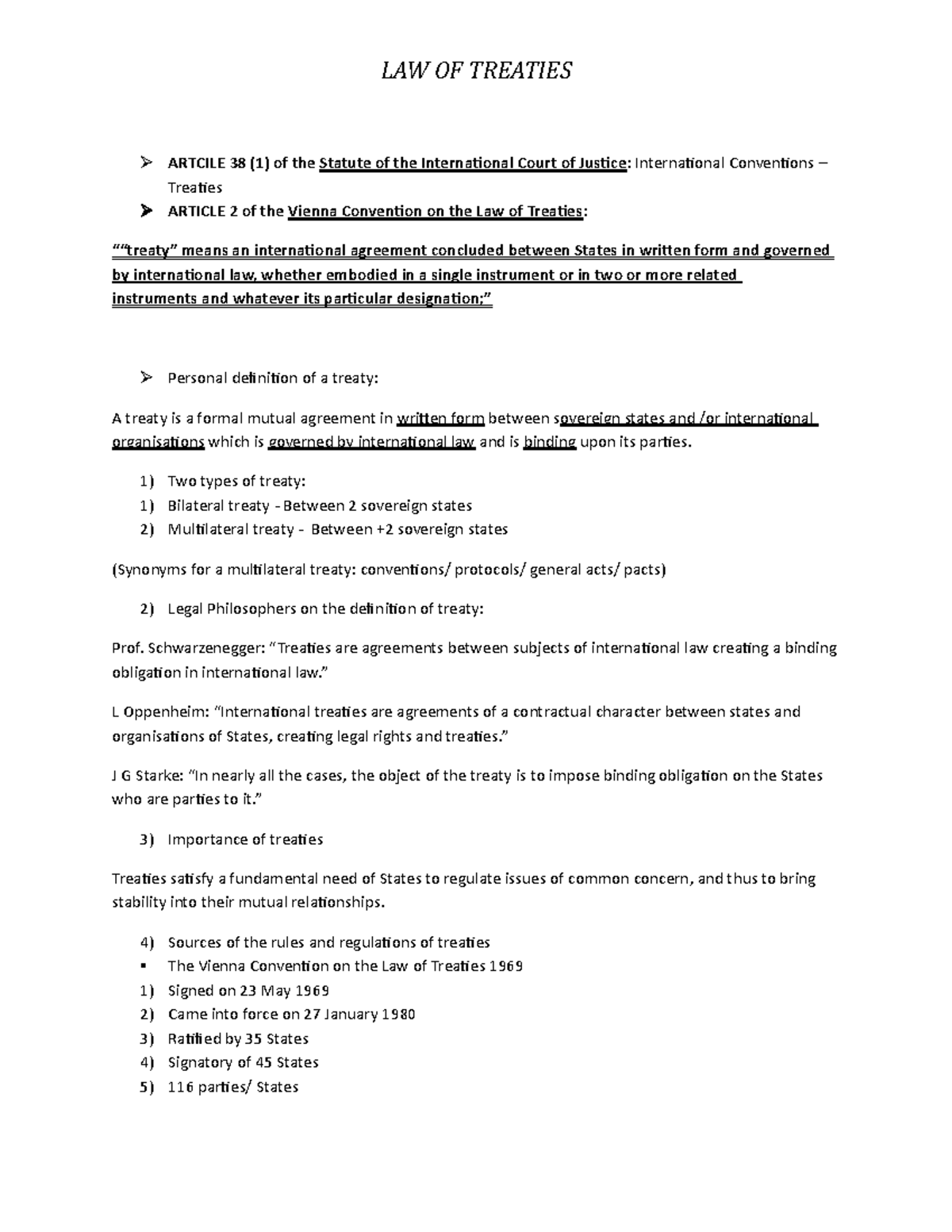 LAW OF Treaties Notes - LAW OF TREATIES ARTCILE 38 (1) of the Statute ...