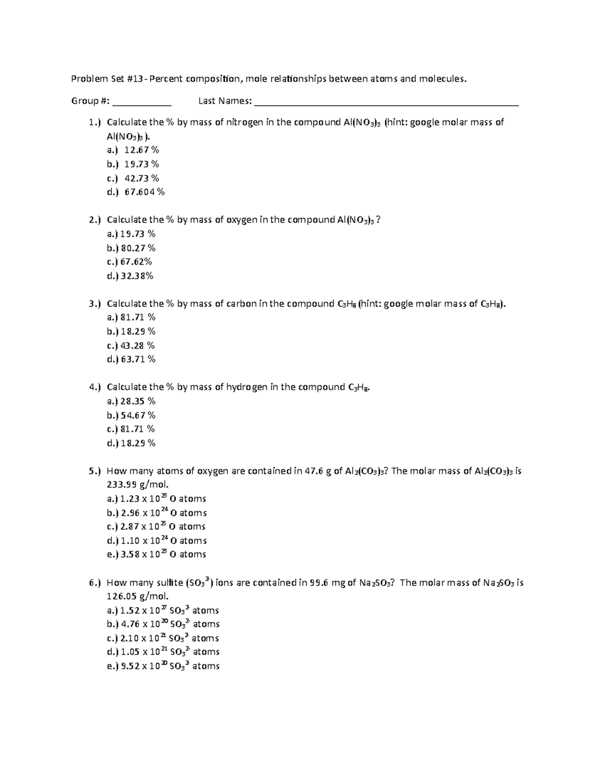 Problem+Set+%2313 - Problem Set #13- Percent composition, mole ...