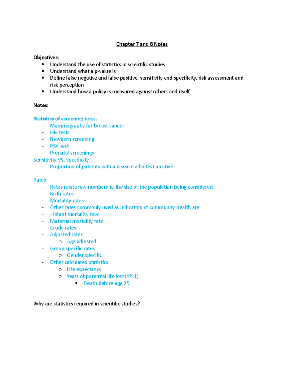 Chapter 7 and 8 Notes - health - Chapter 7 and 8 Notes Objectives ...