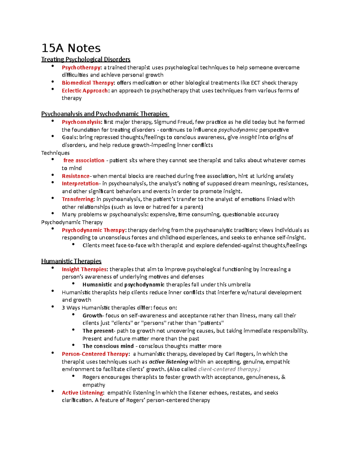 Psych Reading Notes Chapter 15 - 15A Notes Treating Psychological ...