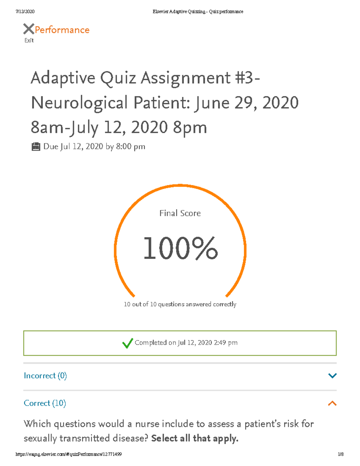 Elsevier Adaptive Quizzing Quiz performance Exit Performance