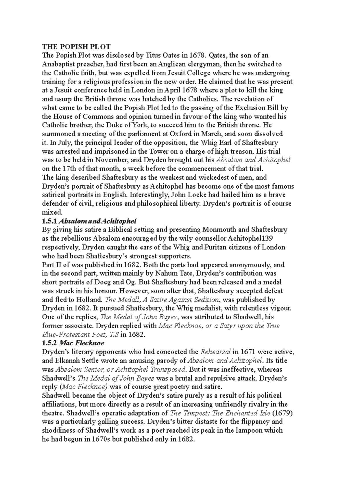 Popish PLOT AND Dryden'S Contribution TO English Literature - THE ...