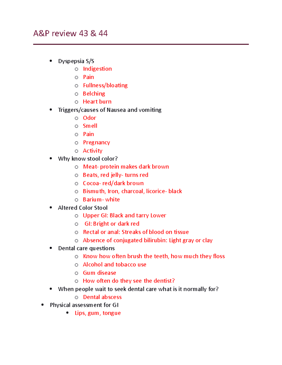 Medical Surgical test 2 A&P review 43 & 44 Dyspepsia S/S o