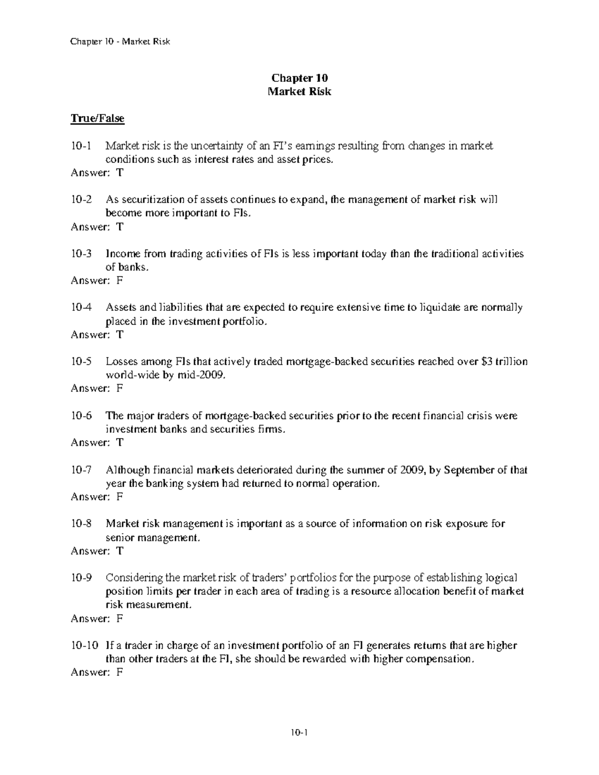 Chap010 Text Book Test Bank - Chapter 10 Market Risk True/False 10-1 ...