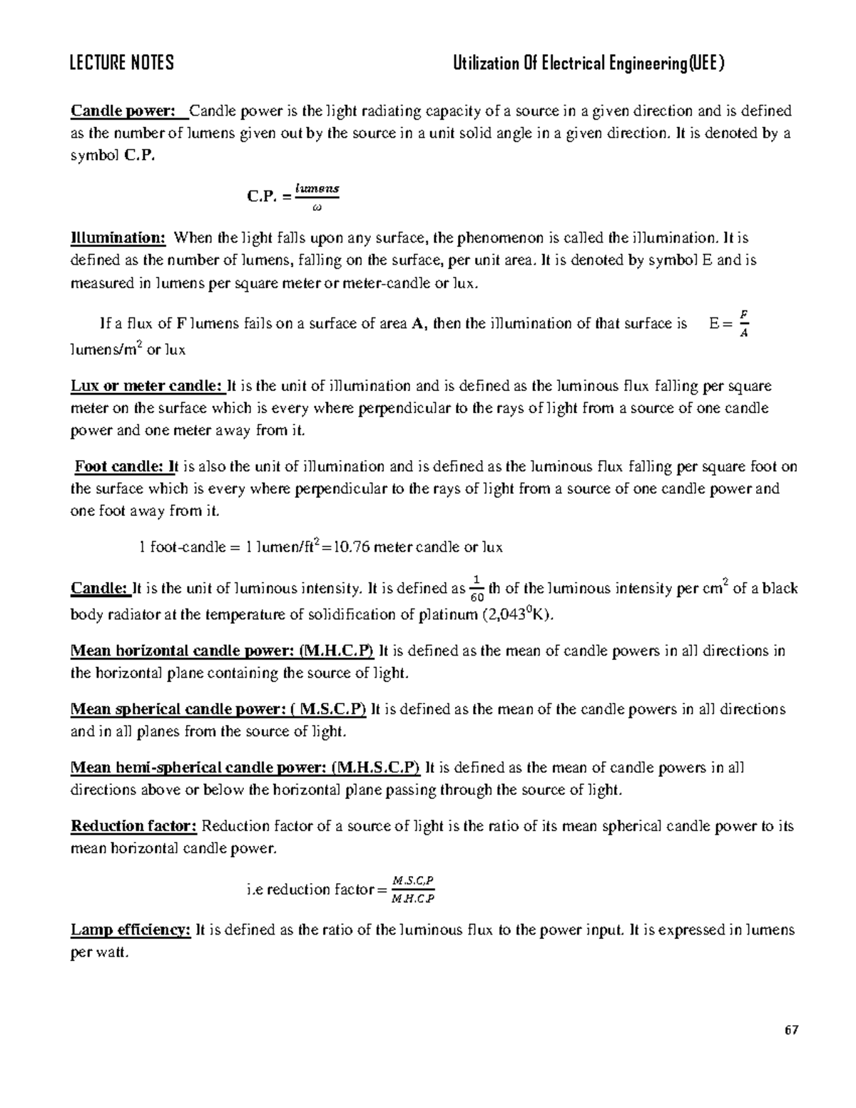 Lecture 7 Class notes of Professor MK Pathak Candle power Candle