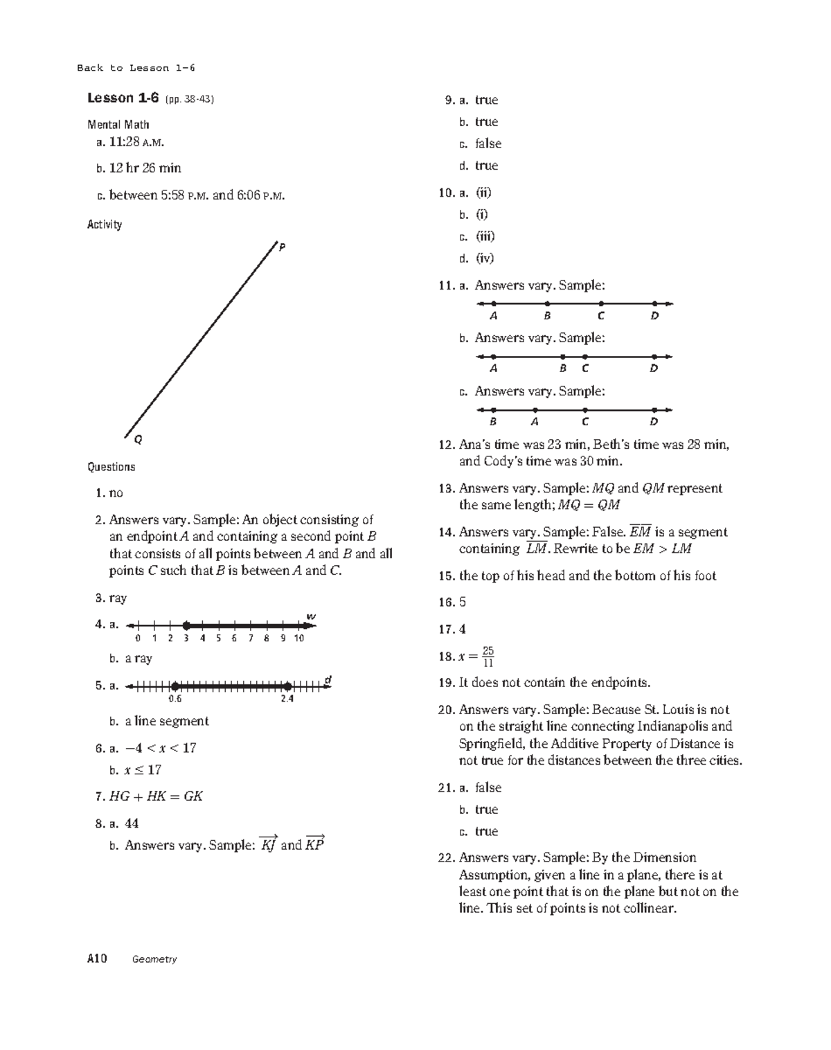 Smp09geo Ans Ch01 L01-6 - A10 Geometry Lesson 1-6 (pp. 38-43) Mental 