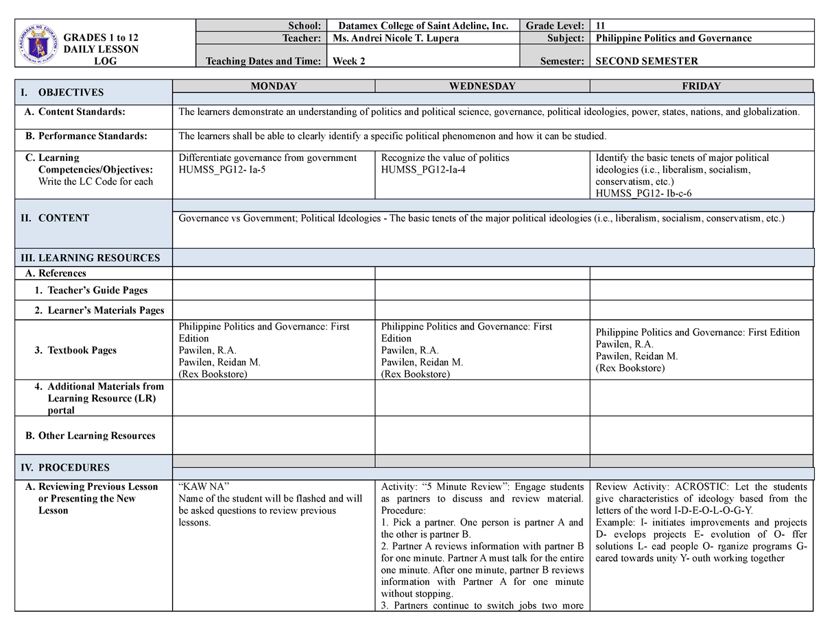 DLL-Phl Politics Week 2 - GRADES 1 to 12 DAILY LESSON LOG School ...