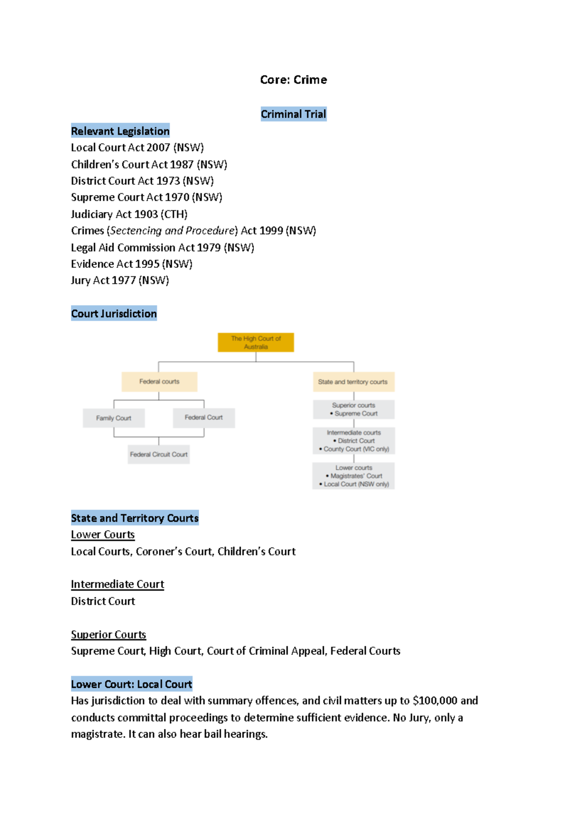 Crime Notes - Core: Crime Criminal Trial Relevant Legislation Local ...