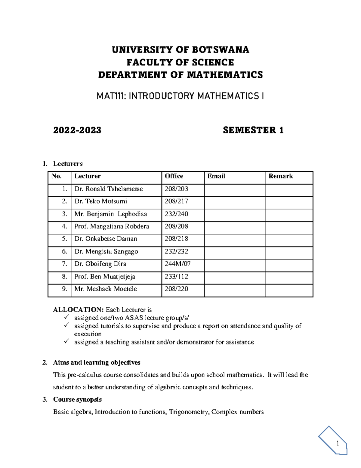 MAT111 - Updated Course Outline - UNIVERSITY OF BOTSWANA FACULTY OF ...