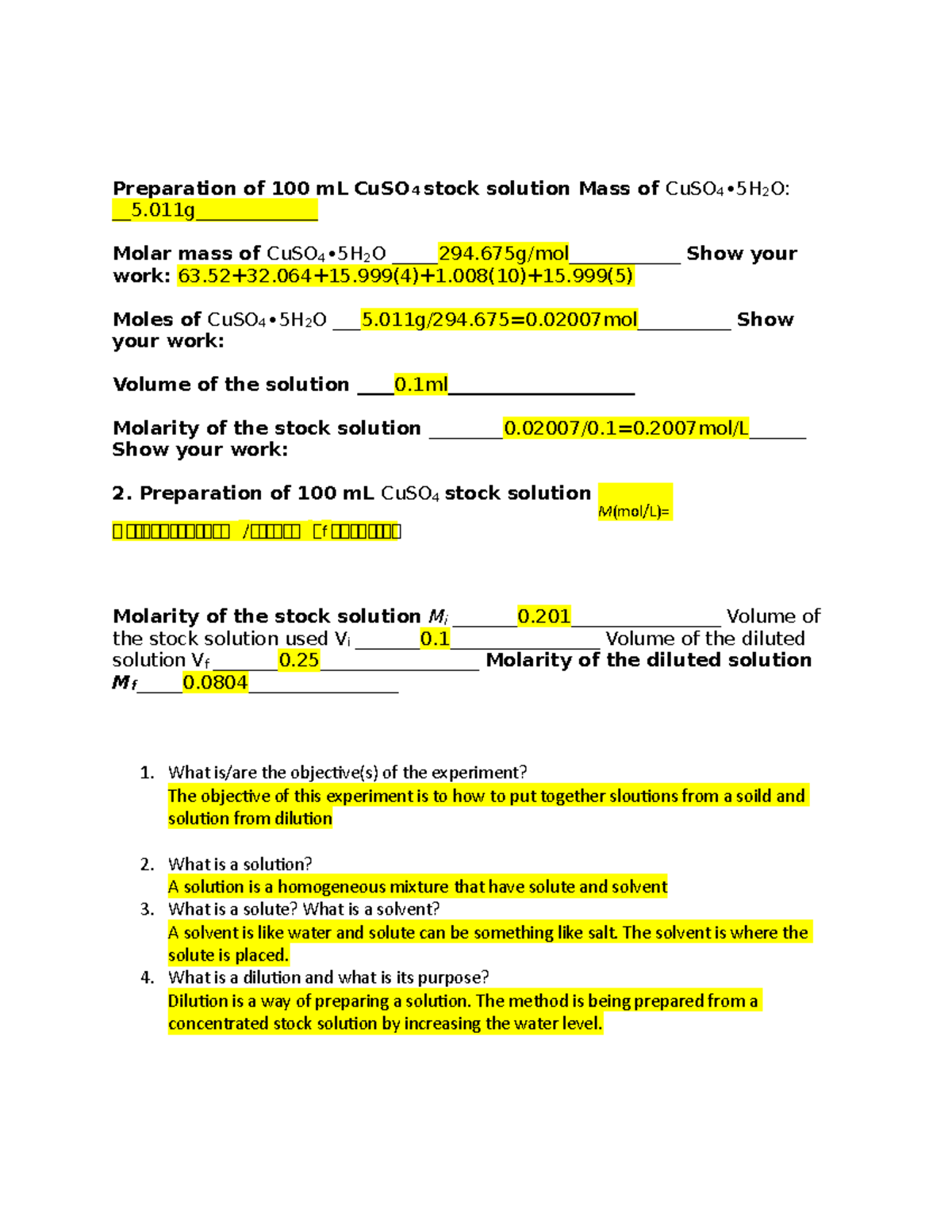 study materials notes chapter 12 - Preparation of 100 mL CuSO 4 stock ...