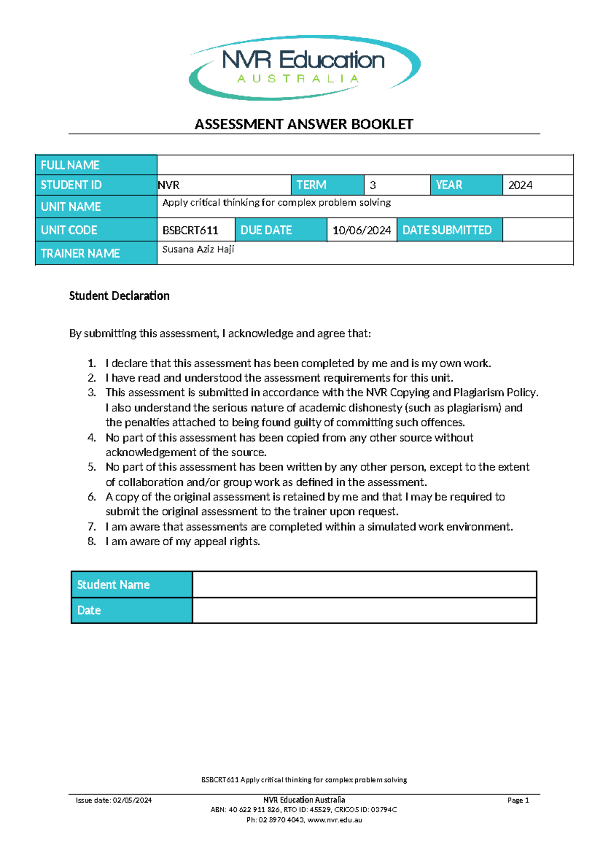 Assessment Answer Booklet Task 1 - Bsbcrt 611 - FULL NAME STUDENT ID ...