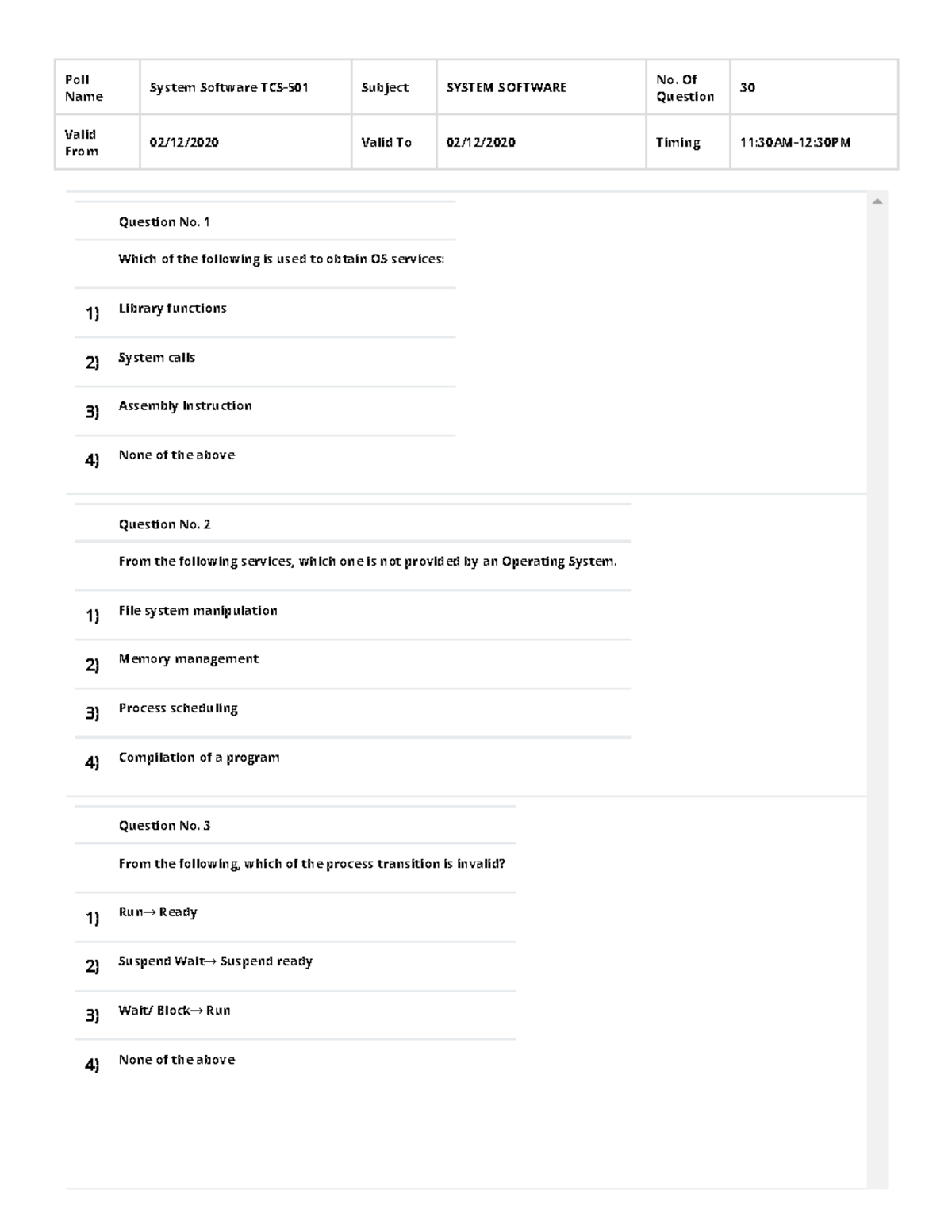 System Software First Sessional Paper PollName System Software TCS