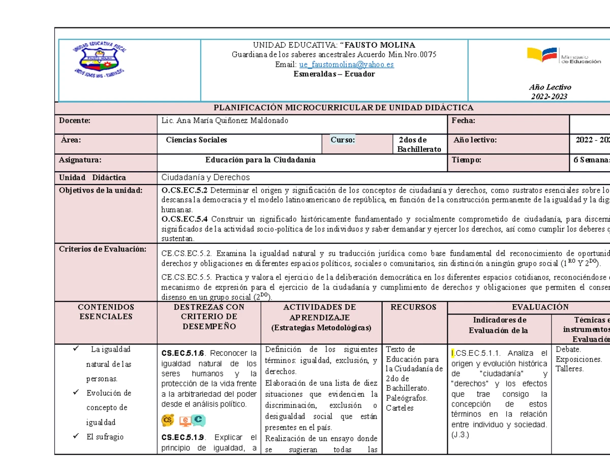 1ERO DE BGU Ciudadania - UNIDAD EDUCATIVA: “ FAUSTO MOLINA Guardiana De ...