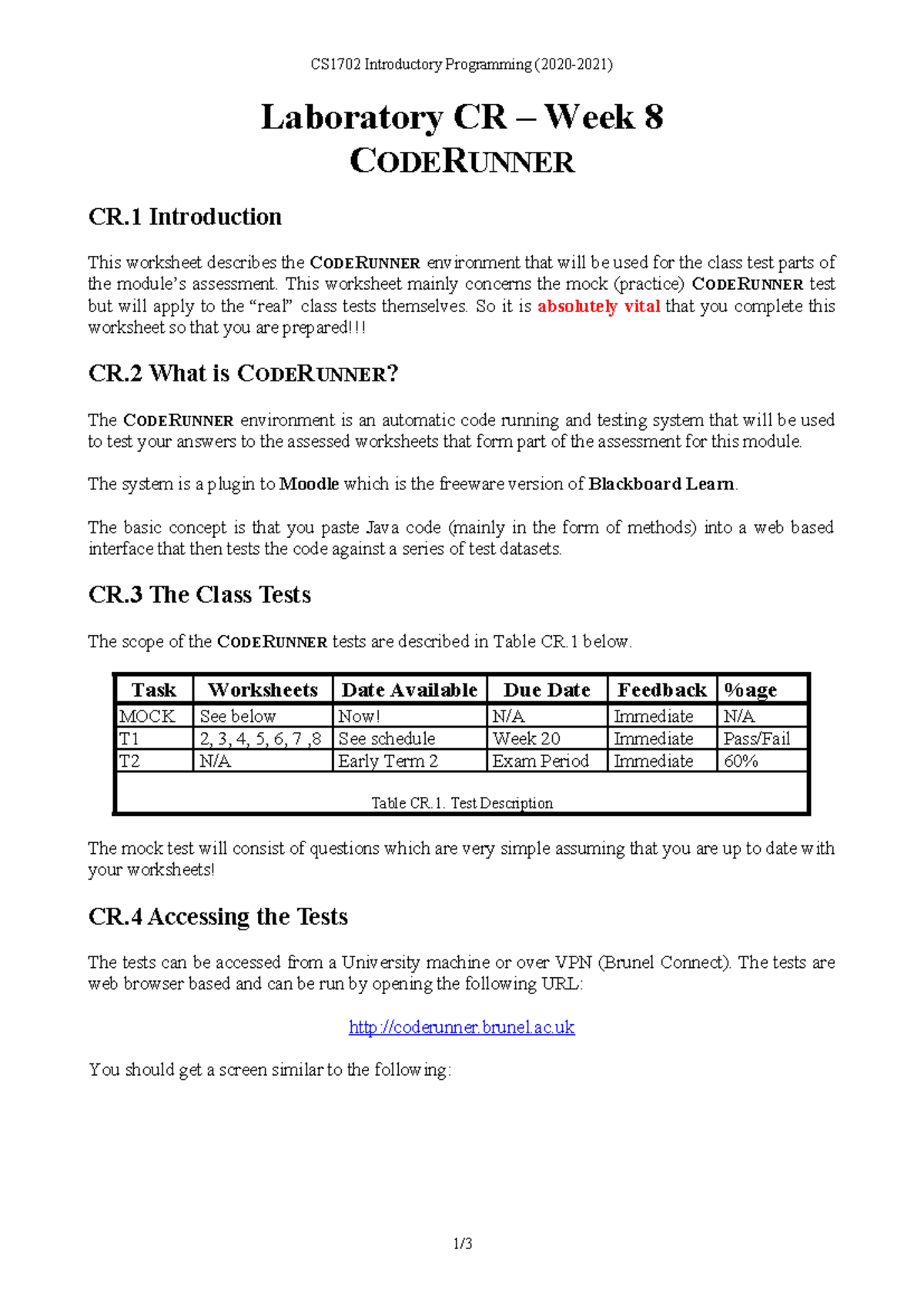 CS1702 Worksheet CR - Code Runner v1 (2021-2022) - CS1702 Introductory ...