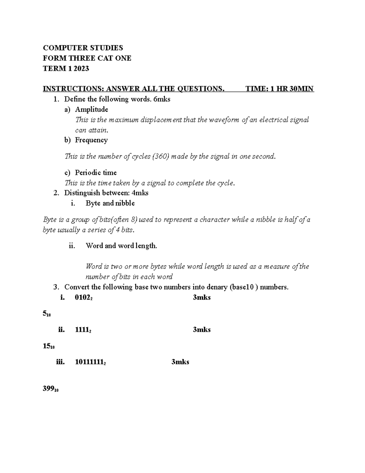 COMP MS f3 - COMPUTER STUDIES FORM THREE CAT ONE TERM 1 2023 ...