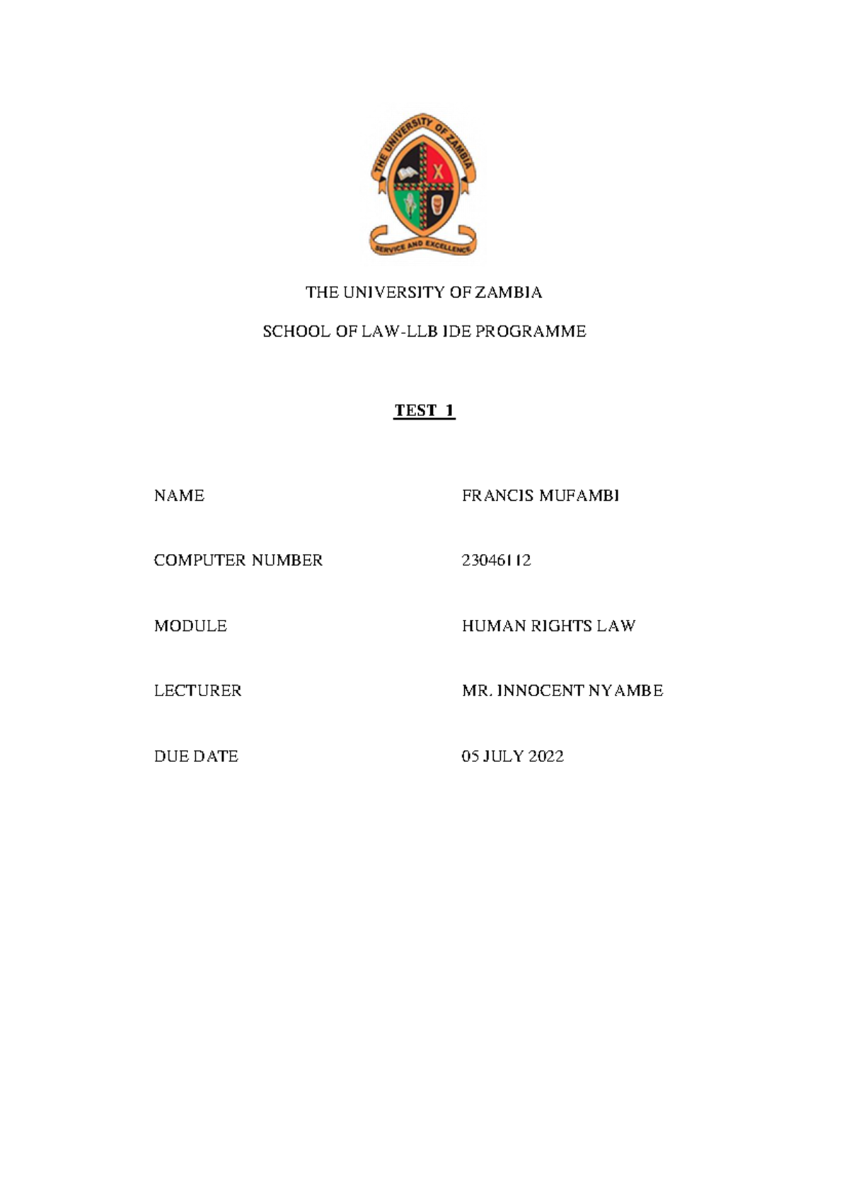 Test 1 Francis Mufambi - Test - THE UNIVERSITY OF ZAMBIA SCHOOL OF LAW ...