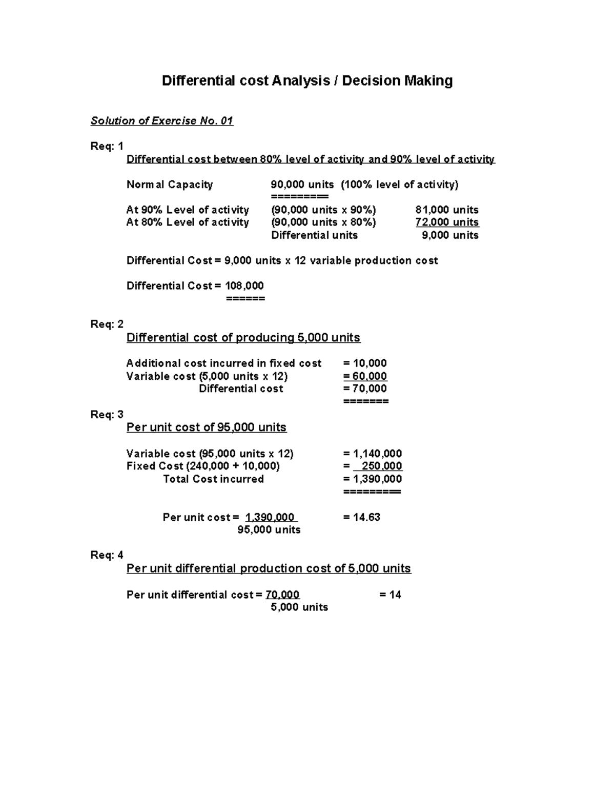 COST ACCOUNTING Differential cost Analysis / Decision Making Solution